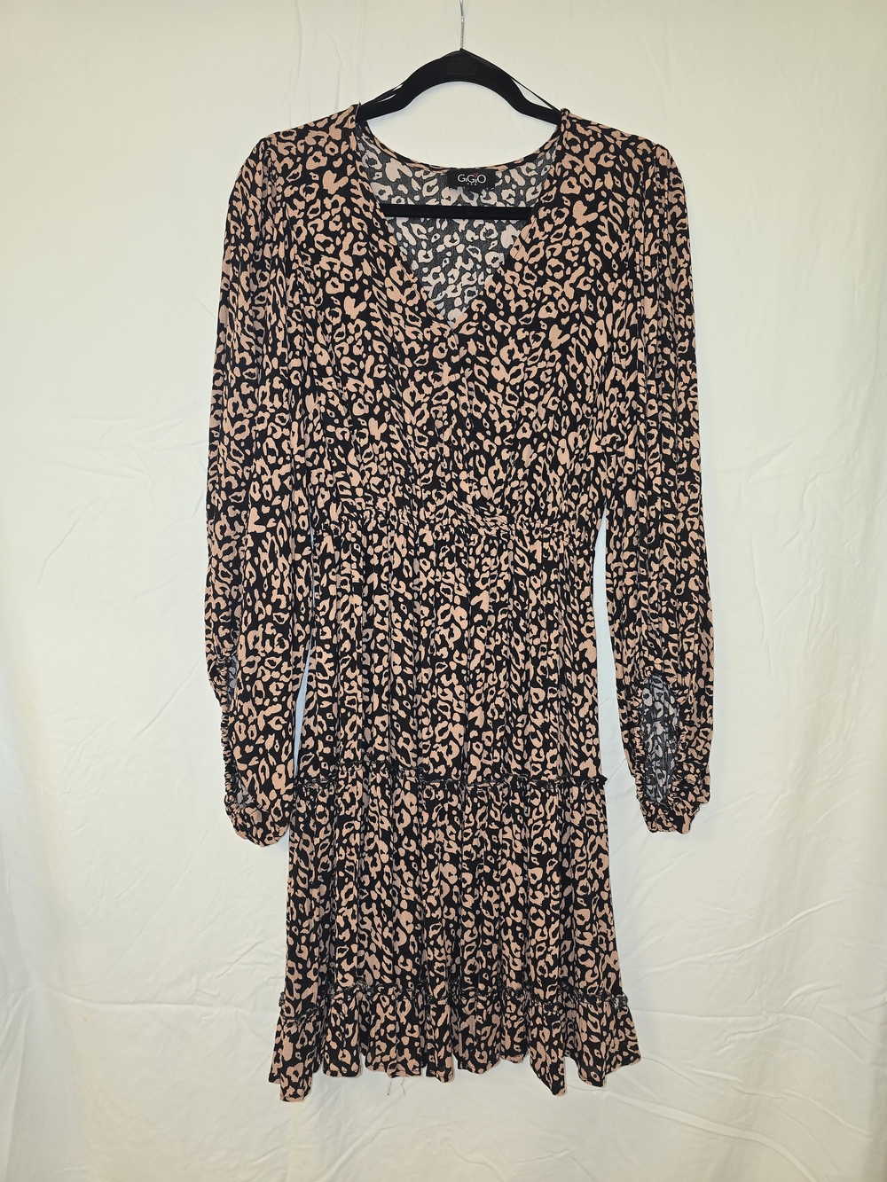GGO Black and Blush Animal-Print Long Sleeve Tiered Dress